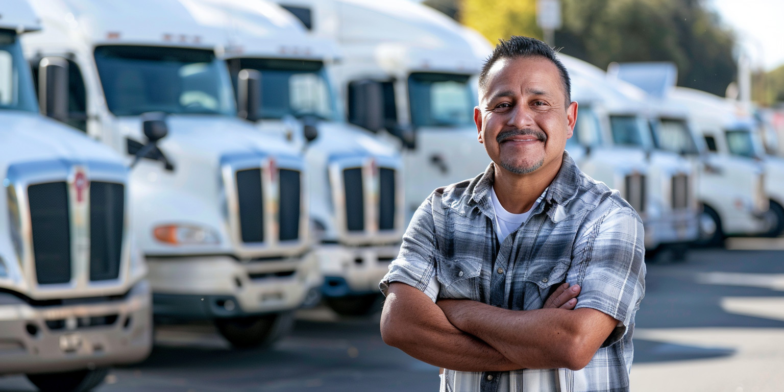 UCR Renewal Service - Annual UCR Renewal - Trucker standing in front of a row of big rigs